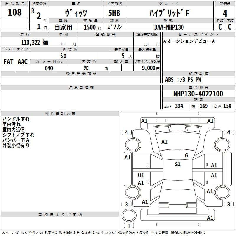 Image of the specifications sheet for a 2020 Toyota Vitz 1.5L Hybrid F Safety Edition detailing mileage and features.