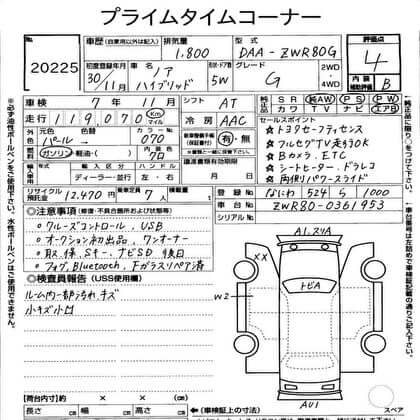 2018 Toyota Noah 1.8L Hybrid G Edition specifications sheet with details including mileage, VIN, and features