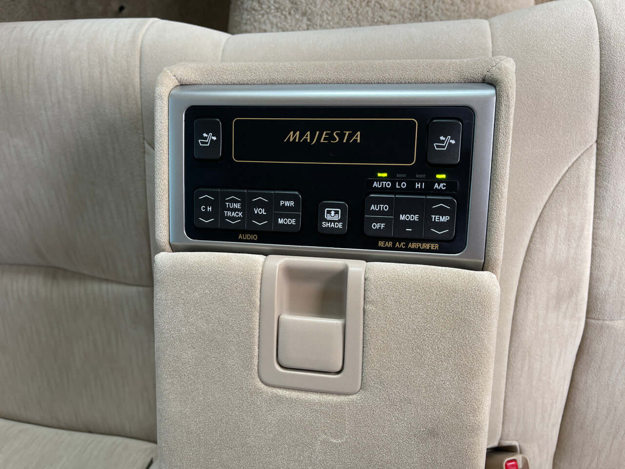 Rear AC control panel of a 2012 Toyota Crown Majesta V8 4.6L C Type Luxury Sedan, featuring MAJESTA branding.