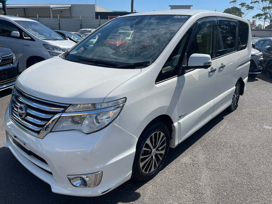 2016 Nissan Serena 2.0L S-Hybrid Highway Star front view in white, showcasing its spacious design and premium features.