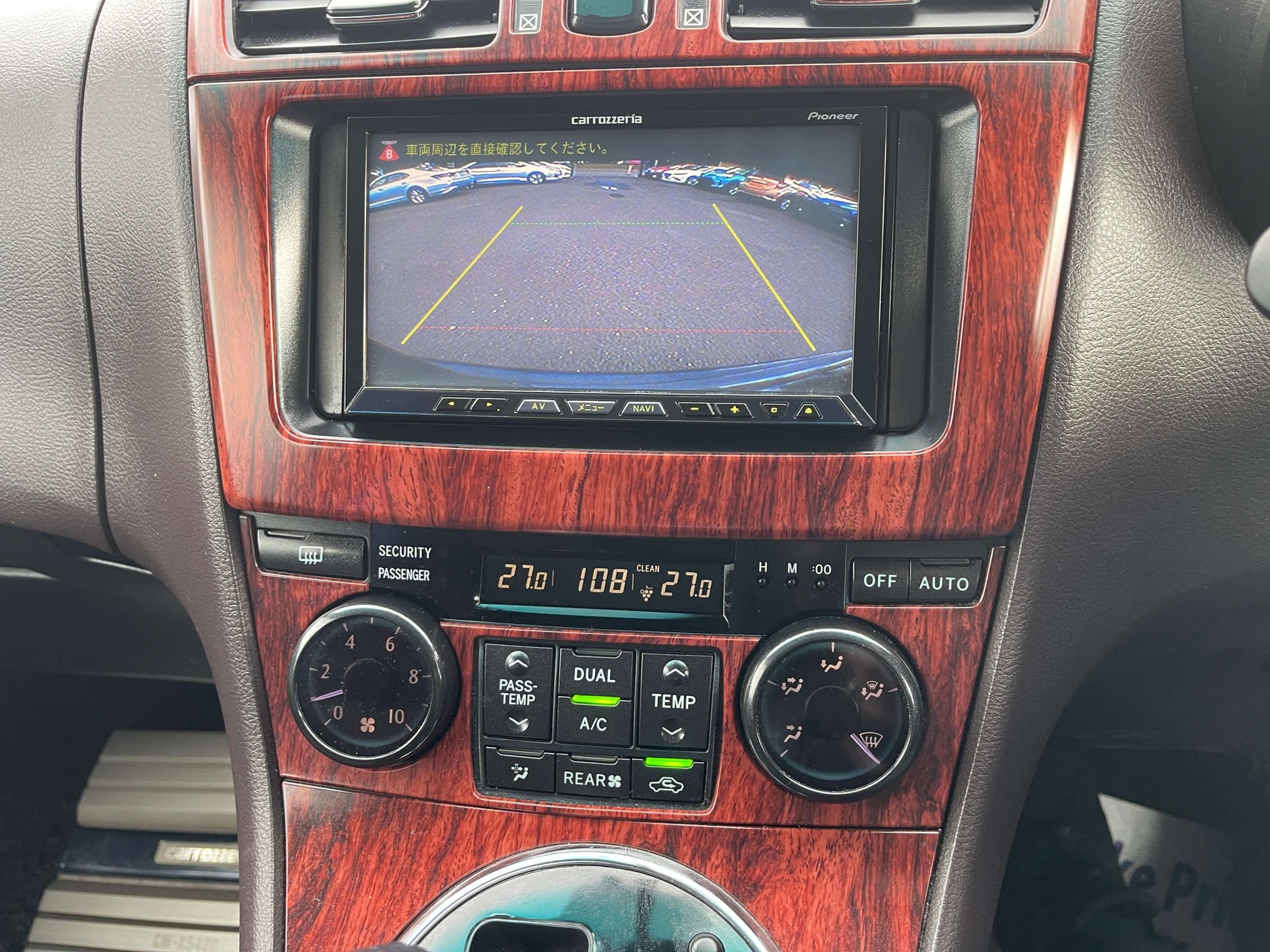 Interior dashboard of a 2008 Toyota Mark X Zio V6 3.5L showing the rearview camera display and climate controls.
