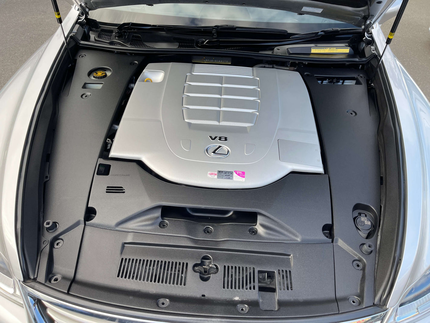 2015 Lexus LS460 AWD V8 4.6L engine view under the hood showcasing the V8 engine design and components.