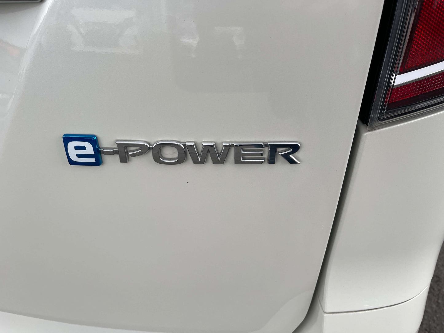 Close-up of e-Power badge on the rear of a 2020 Nissan Serena 1.2 e-Power Hybrid.