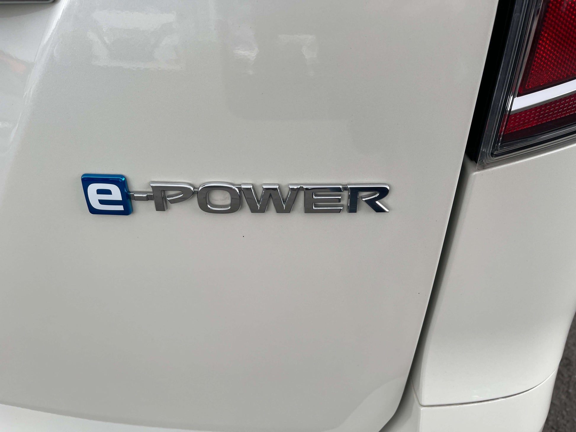 Close-up of e-Power badge on the rear of a 2020 Nissan Serena 1.2 e-Power Hybrid.