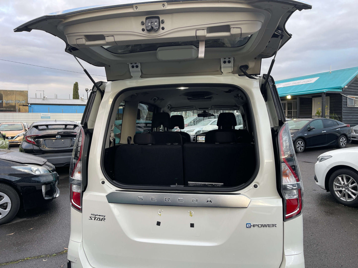 2020 Nissan Serena 1.2 e-Power rear view showing spacious trunk and open tailgate in an MPV.