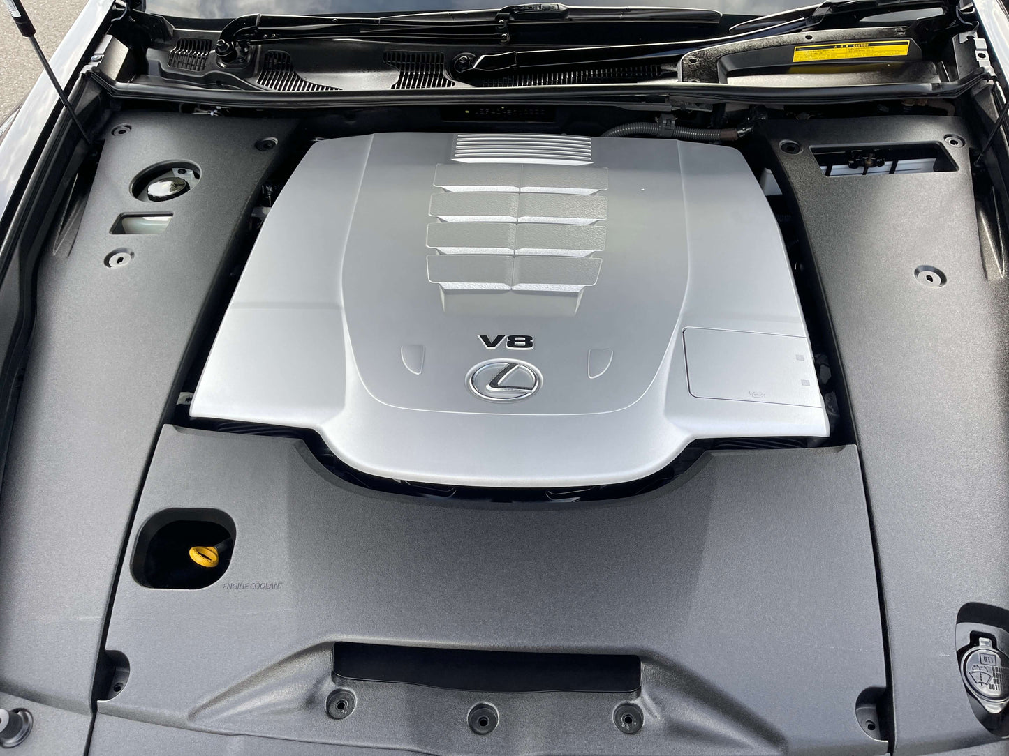Engine bay of 2006 Lexus LS460 V8 4.6L showcasing the V8 engine cover.