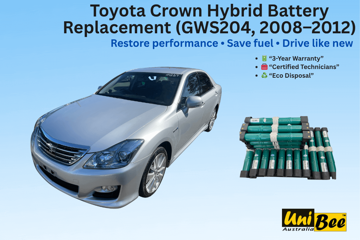 Toyota Crown Hybrid Battery Replacement (GWS204, 2008–2012) with car and battery pack for improved performance.