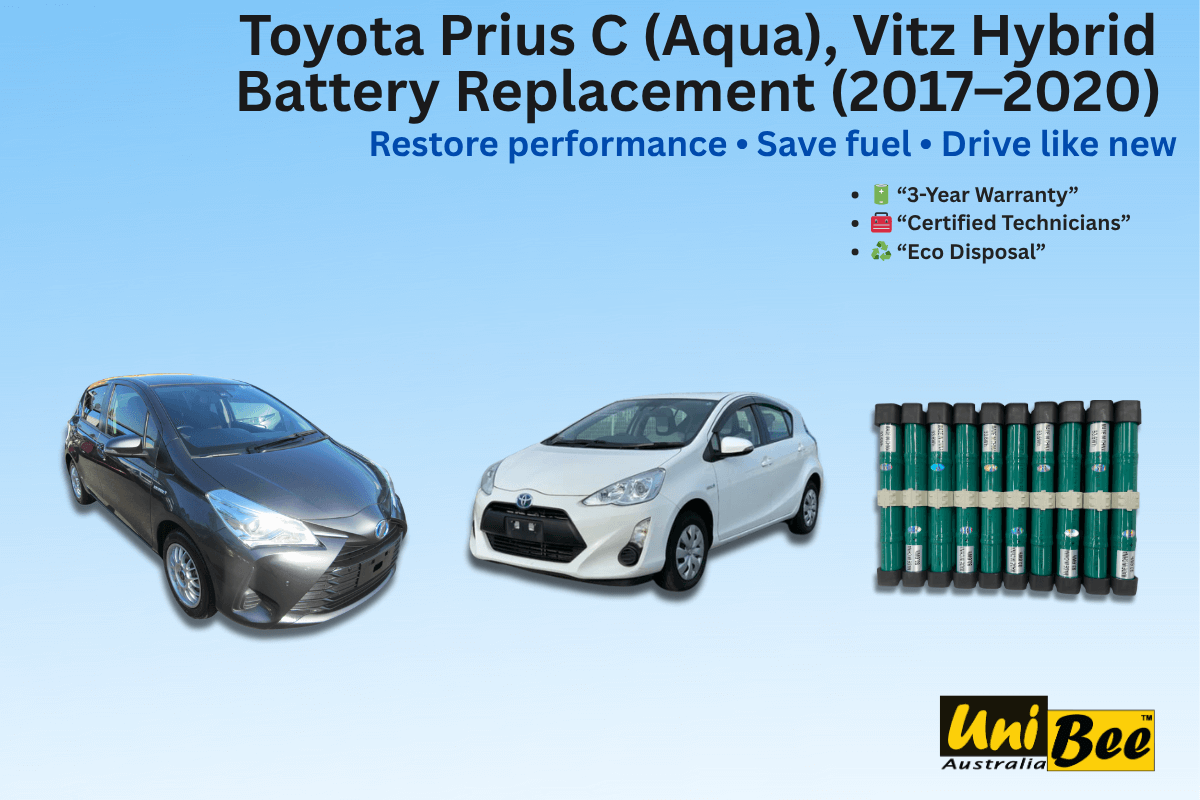 Toyota Prius C Toyota Vitz hybrid battery replacement service (2017–2020) with cars and battery packs displayed.