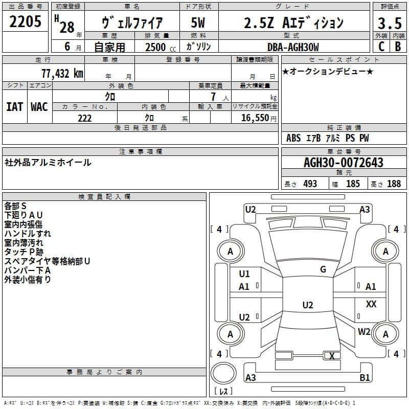 2016 Toyota Vellfire 2.5L specifications sheet with details on mileage, seating capacity, and features, showing VIN AGH30-0072643.