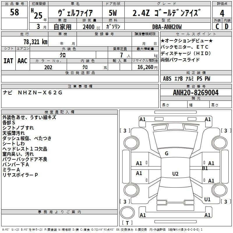 2013 Toyota Vellfire 2.4L Z Golden Eyes Edition specifications and details, showing mileage and features.