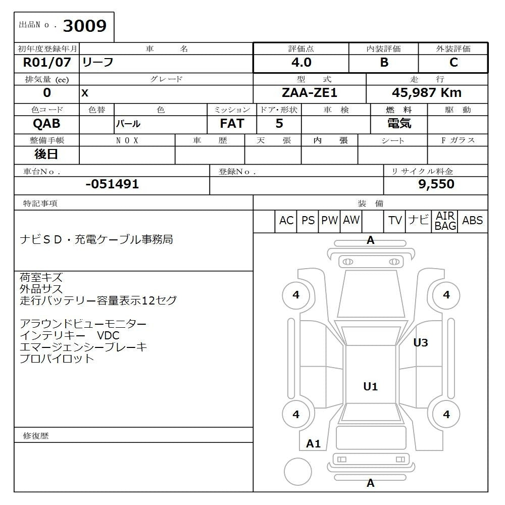 2019 Nissan Leaf 40kW G-Edition Full Electric Full Option, VIN 6ZZ00000ZE1051491 (#1491)