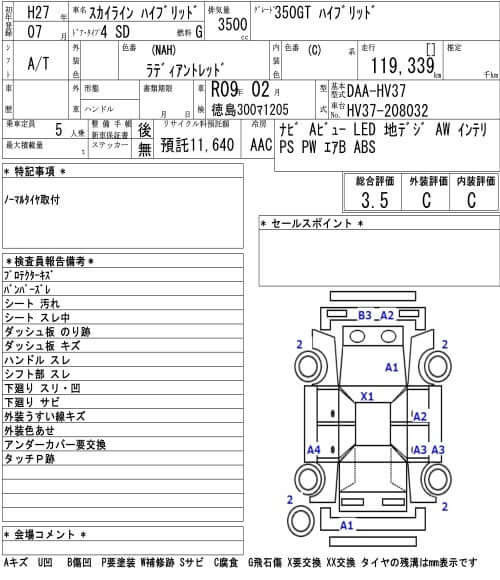 2015 Nissan Skyline V6 3.5L Hybrid specifications and features, including mileage and VIN details.