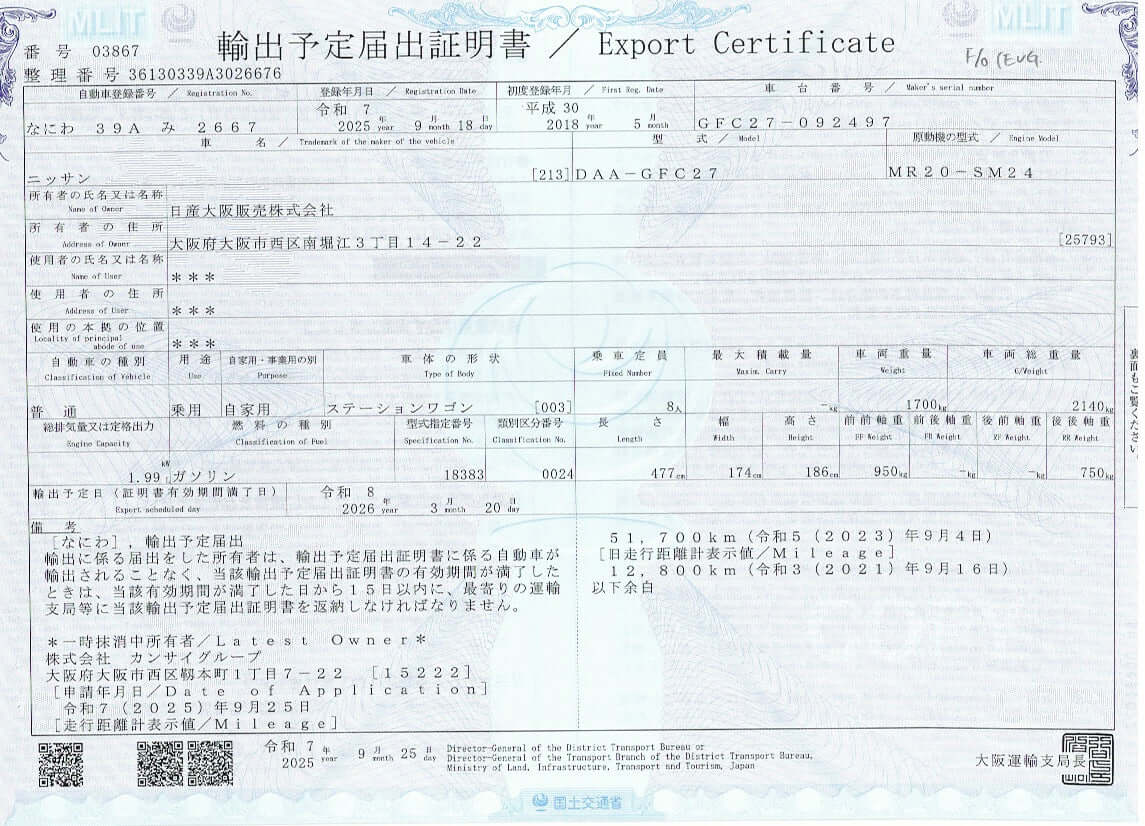 2018 Nissan Serena 2.0L S-Hybrid Highway Star Export Certificate for vehicle, detailing specifications and ownership information, ensuring validation for export.