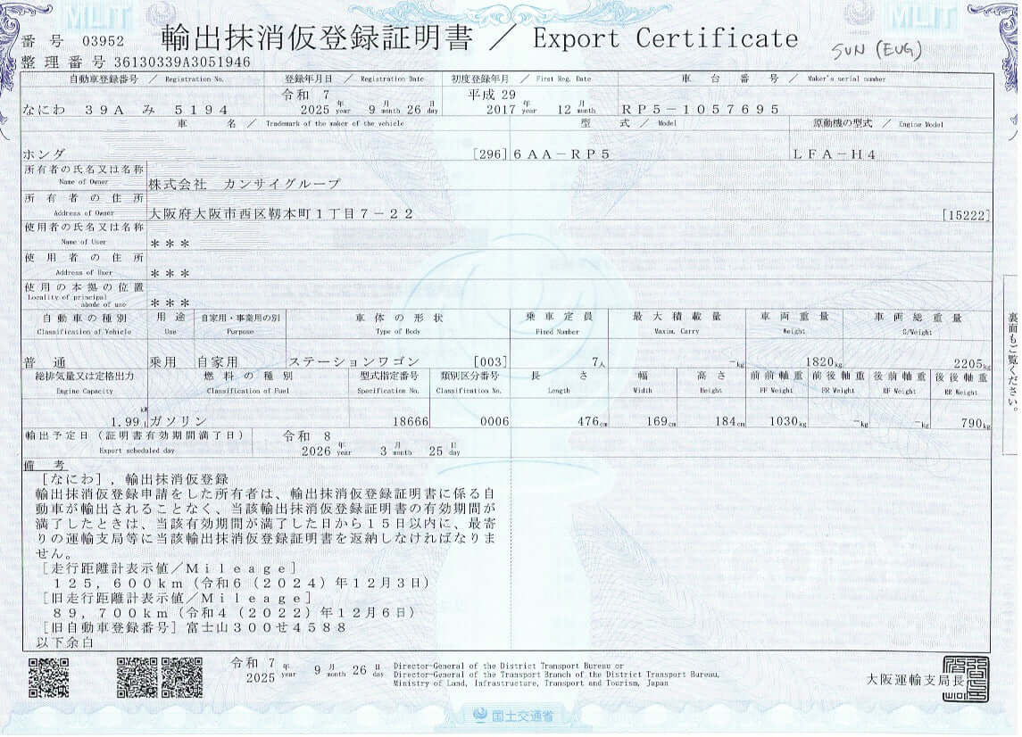 Export Certificate document for 2018 Honda Honda Stepwgn 2.0 Spada Hybrid showing details and specifications.