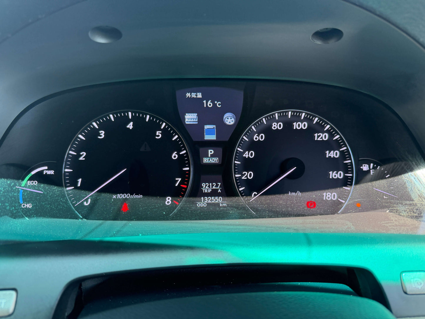 Dashboard display of a 2007 Lexus LS600hL AWD V8 5.0L Hybrid showing speed, mileage, and temperature.