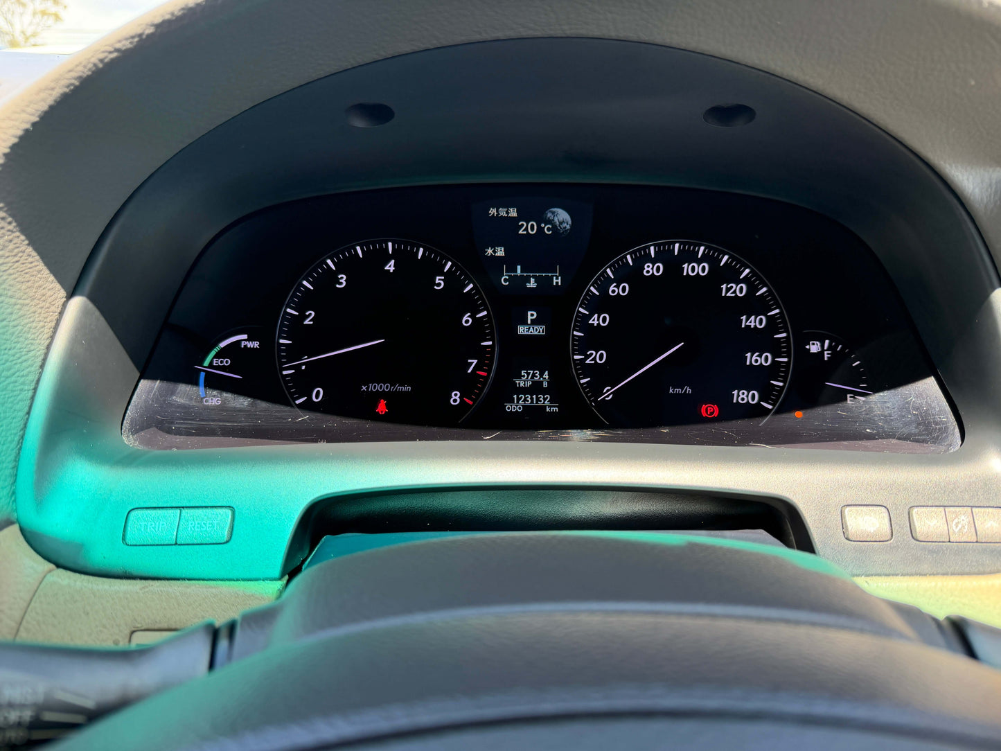 Dashboard view of the 2007 Lexus LS600h AWD V8 5.0L Hybrid luxury sedan with speedometer and fuel gauge.