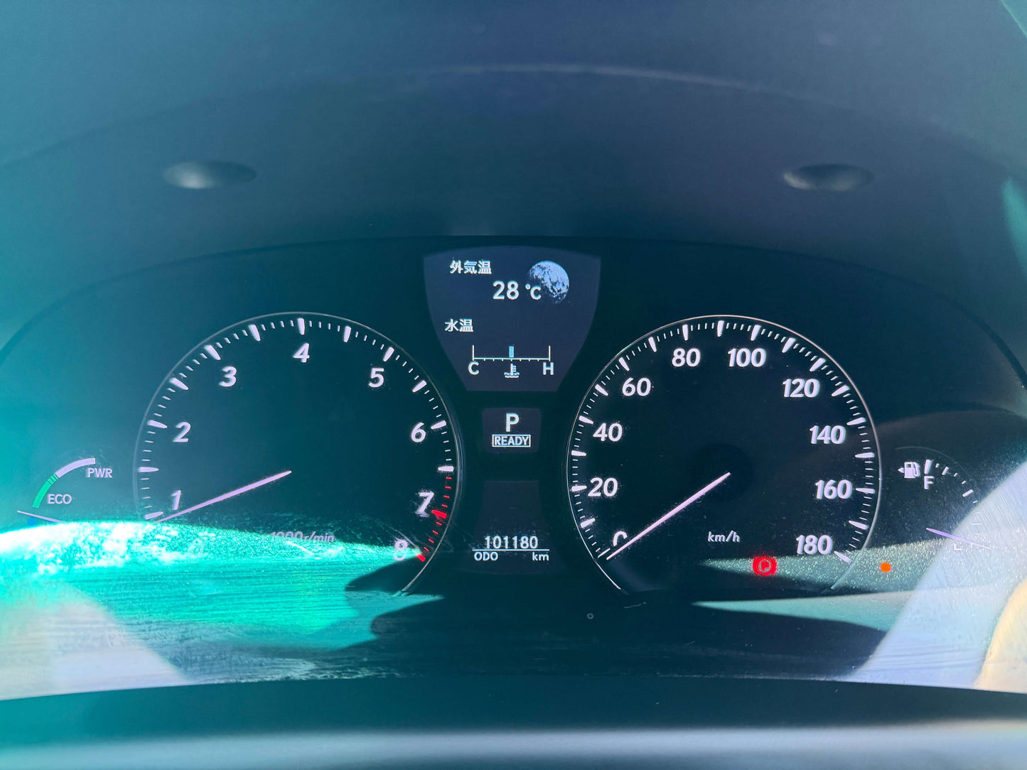 Dashboard view showing speedometer and hybrid indicators of a 2007 Lexus LS600h AWD V8 5.0L Hybrid.