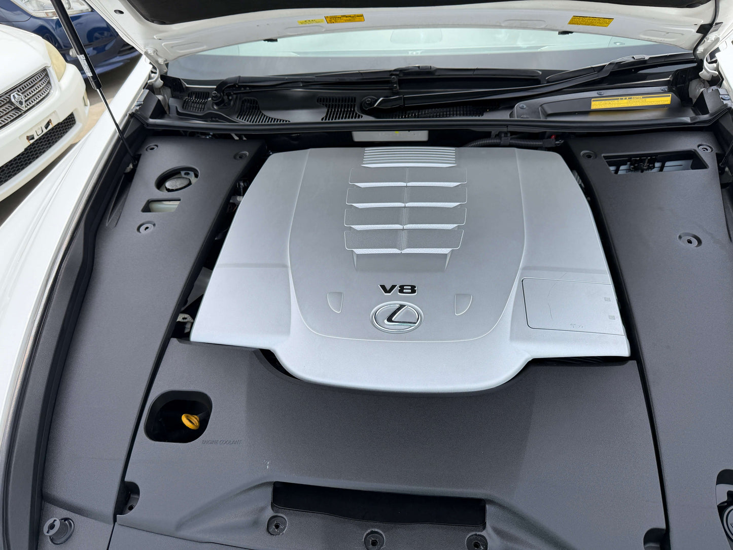 2007 Lexus LS460 V8 4.6L engine bay with V8 cover and components visible