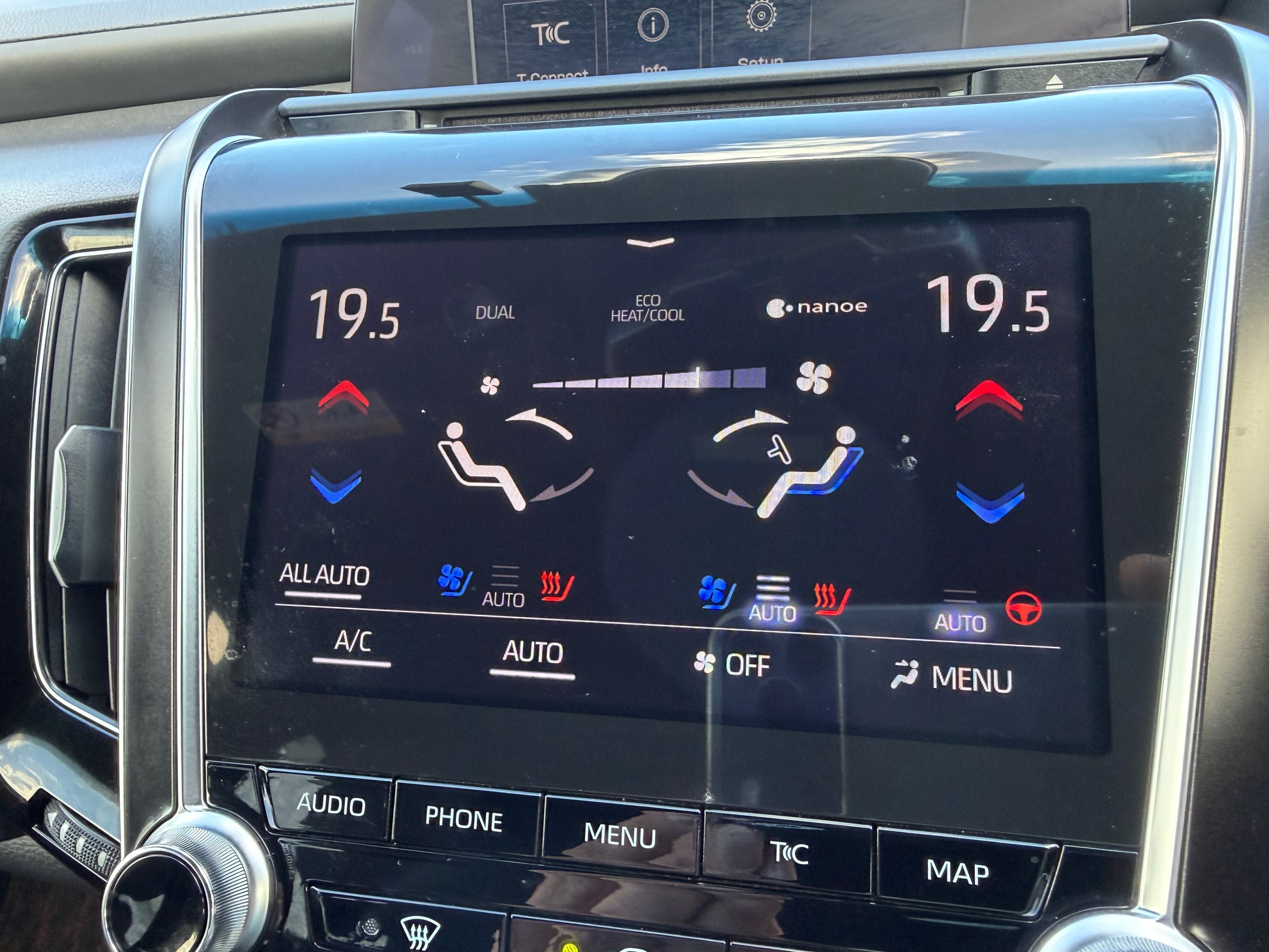 2019 Toyota Crown 2.5L Hybrid interior climate control display with dual zone settings