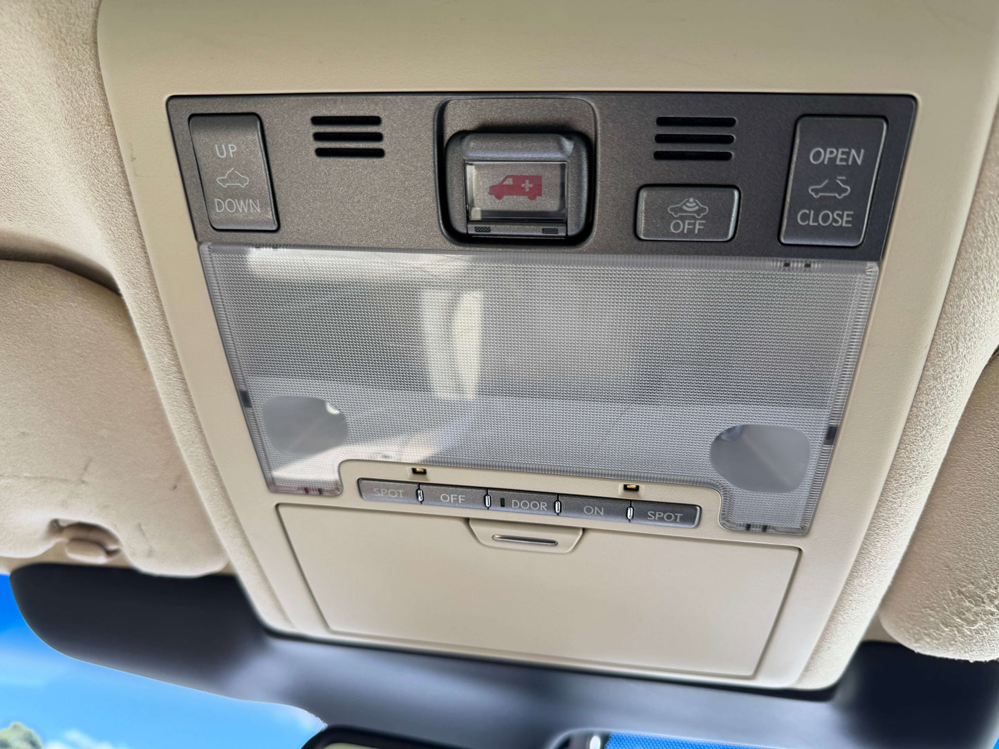 Interior controls and overhead console of 2010 Lexus LS460 AWD V8 4.6L luxury sedan.