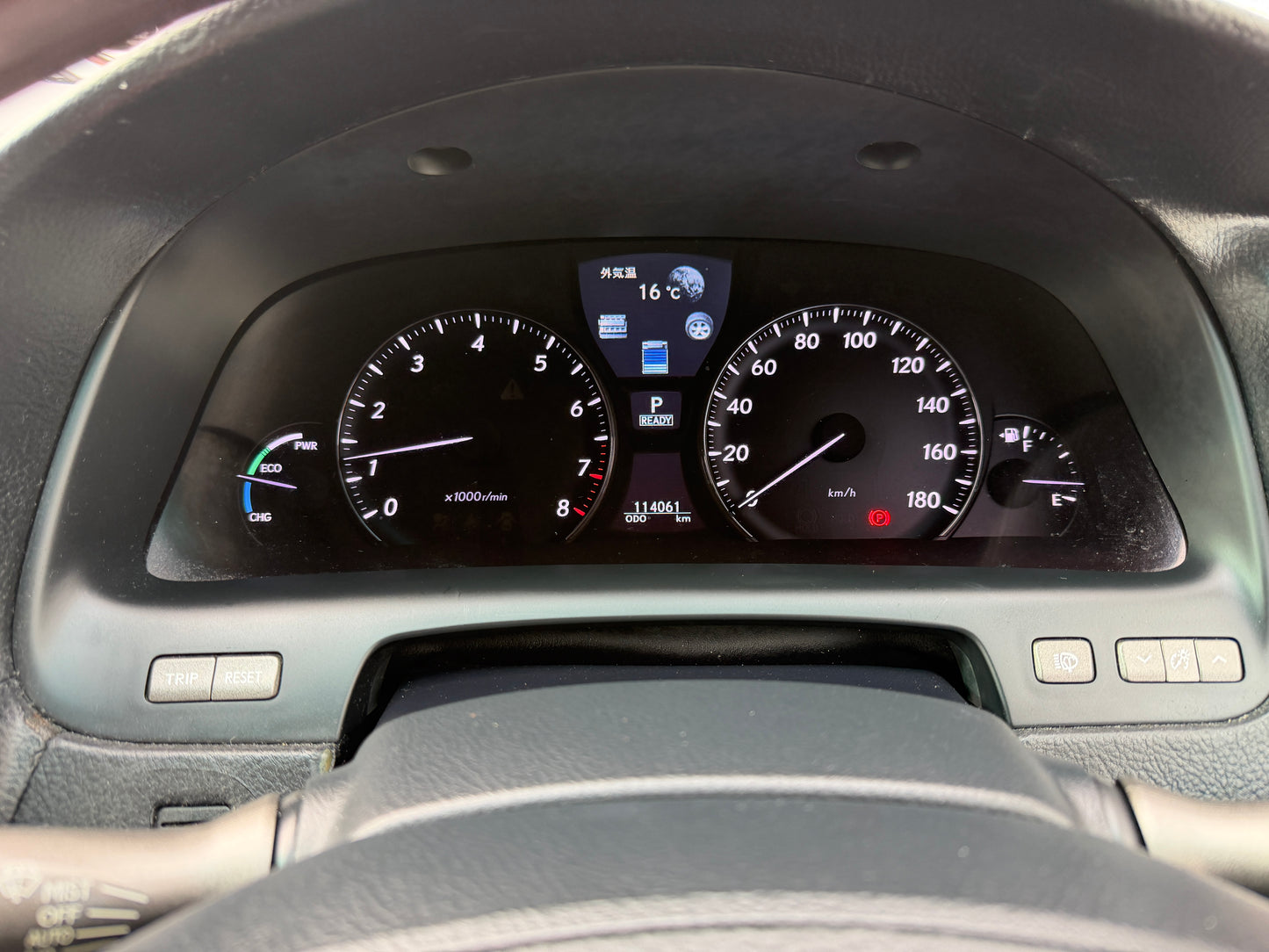 2007 Lexus LS600h AWD V8 5.0L Hybrid instrument cluster showing odometer reading 114061km and READY hybrid status