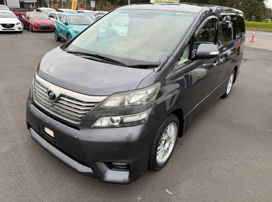 2009 Toyota Vellfire 2.4L Z Platinum Selection grey metallic people mover front three-quarter view showing twin headlamps and chrome grille