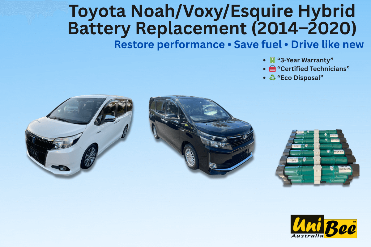 Toyota Noah Voxy Esquire hybrid battery replacement (2014–2020) service with vehicles and hybrid batteries.