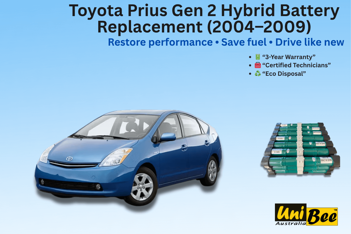 Toyota Prius Gen 2 hybrid battery replacement (2004–2009) service advertisement with car and battery.