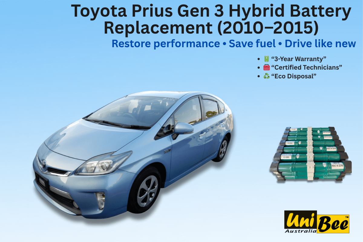 Toyota Prius Gen 3 hybrid battery replacement service image for 2010–2015 models, showcasing vehicle and new battery.